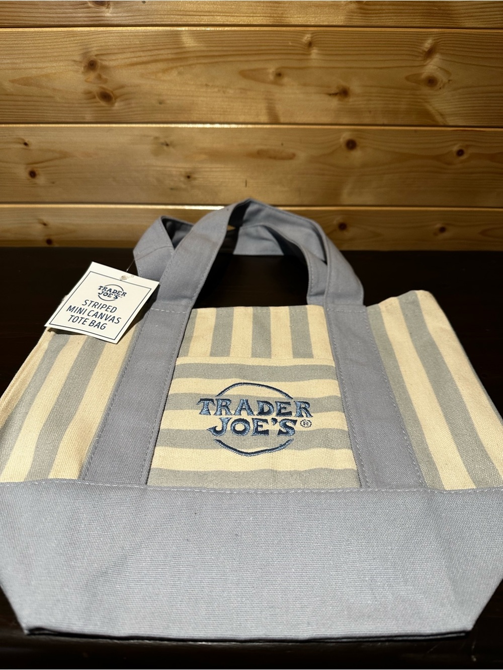 Authentic BNWT viral Trader Joe’s 2026 striped mini canvas summer tote in blue.